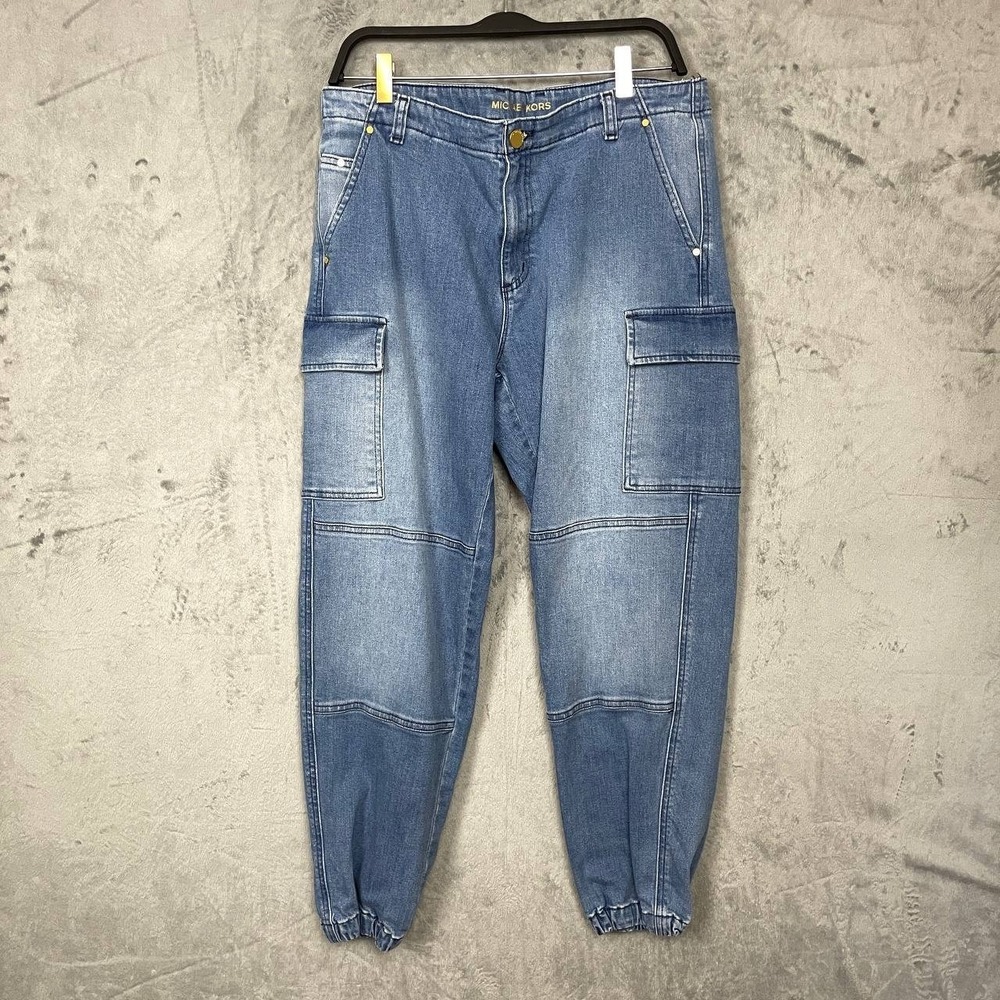 Y2K Streetwear Denim Cargo Jogger Pants Size 12 Utility Pockets Elastic Waist